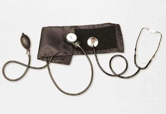 Manual sphygmomanometer with aneroid gauge and stethoscope